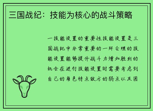 三国战纪：技能为核心的战斗策略
